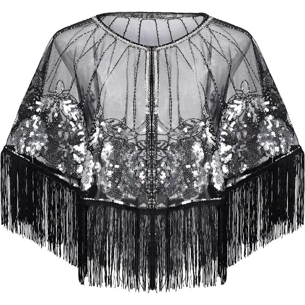 Women's Sequin Beaded 1920s Flapper Shawl Wrap for Evening Party Wedding